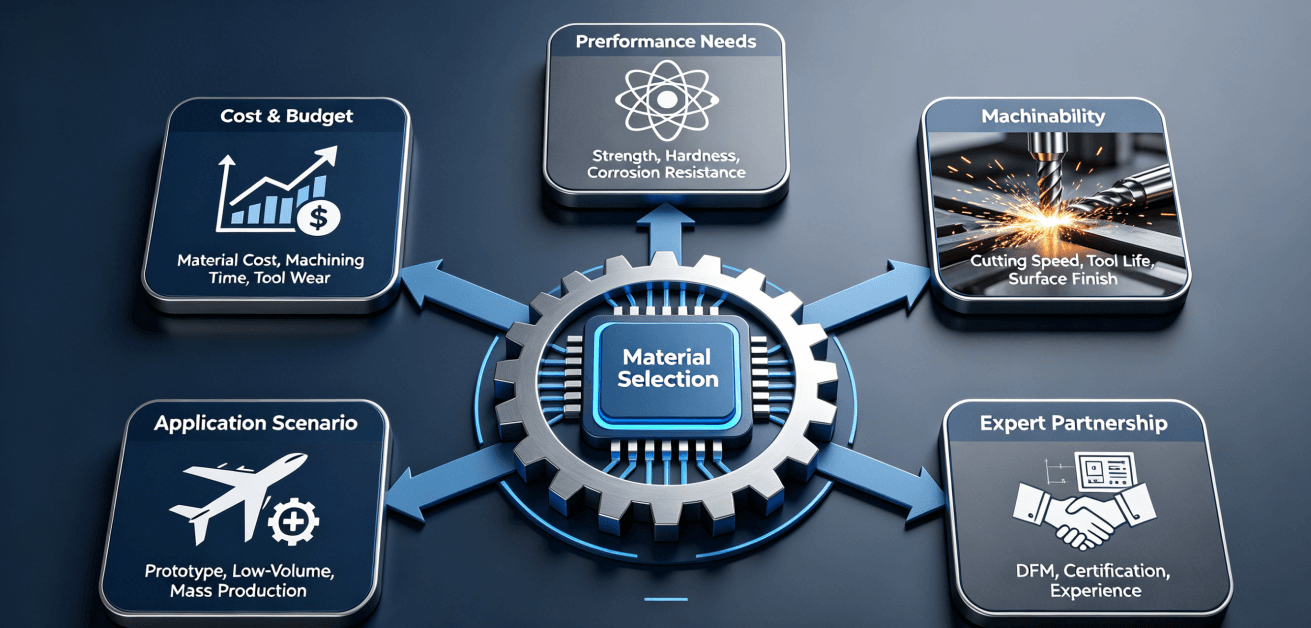 An infographic illustrating the 5-Dimension Framework for CNC material selection, covering Cost, Performance, Machinability, Application, and Expert Partnership, guiding engineers to make cost-effective decisions.